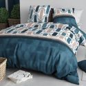 Parure housse de couette 260x240cm + 2 taies motif pop rétro bleu et rose 100% coton - LEANA