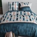 Parure housse de couette 260x240cm + 2 taies motif pop rétro bleu et rose 100% coton - LEANA