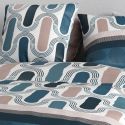 Parure housse de couette 260x240cm + 2 taies motif pop rétro bleu et rose 100% coton - LEANA