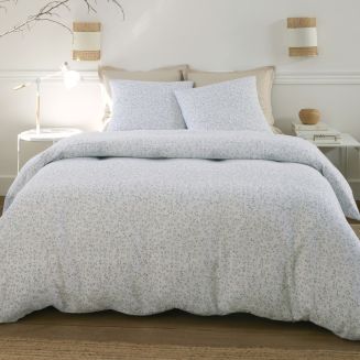 Parure housse de couette 240x220cm + 2 taies motif feuillage blanc et vert 100% gaze de coton - MAHO