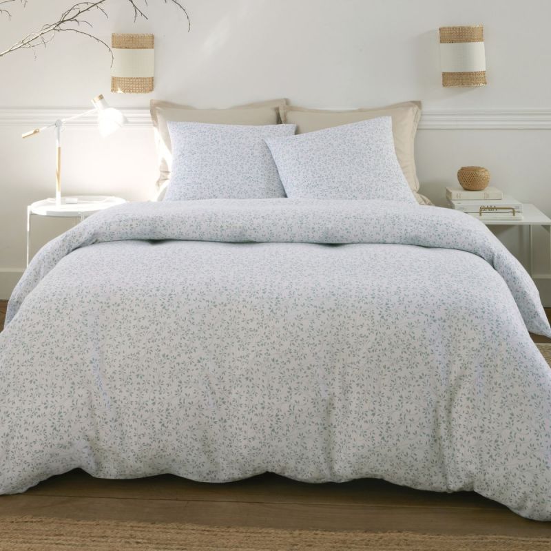 Parure housse de couette 260x240cm + 2 taies motif feuillage blanc et vert 100% gaze de coton - MAHO