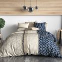 Parure housse de couette 260x240cm + 2 taies motif graphique bleu et beige 100% coton - MALVINA