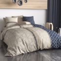 Parure housse de couette 260x240cm + 2 taies motif graphique bleu et beige 100% coton - MALVINA