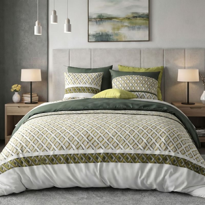 Parure housse de couette 260x240cm + 2 taies motif géométrique vert 100% coton - AYANA
