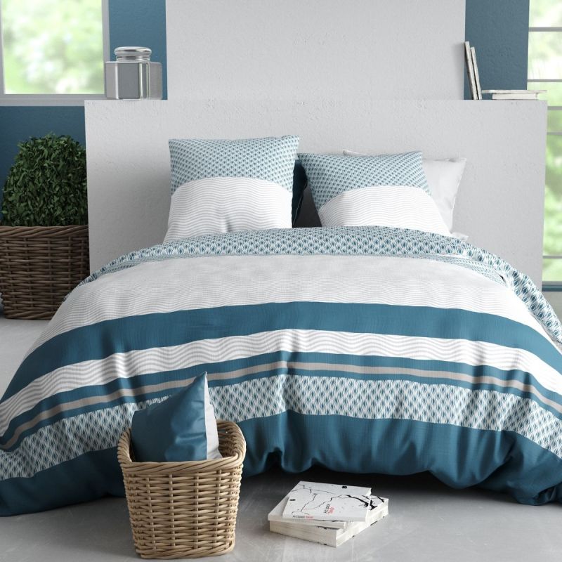 Parure housse de couette 240x220cm + 2 taies motif géométrique bleu et gris 100% coton - CHERINE