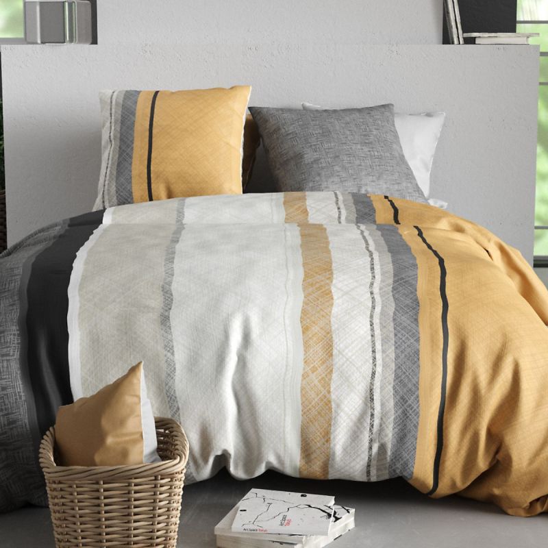 Parure housse de couette 260x240cm + 2 taies motif graphique jaune et gris 100% coton - CASSY