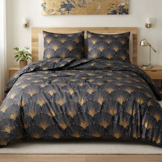 Parure housse de couette 260x240cm + 2 taies motif rétro bleu nuit et jaune 100% microfibre - BARITON