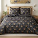 Parure housse de couette 240x220cm + 2 taies motif rétro bleu nuit et jaune 100% microfibre - BARITON