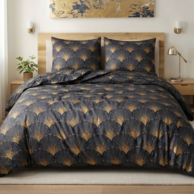 Parure housse de couette 240x220cm + 2 taies motif rétro bleu nuit et jaune 100% microfibre - BARITON