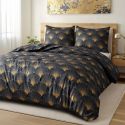 Parure housse de couette 240x220cm + 2 taies motif rétro bleu nuit et jaune 100% microfibre - BARITON