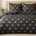 Parure housse de couette 240x220cm + 2 taies motif rétro bleu nuit et jaune 100% microfibre - BARITON