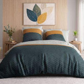 Parure housse de couette 260x240cm + 2 taies motif rétro bleu pétrole et jaune 100% coton - TOBIAS