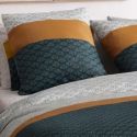 Parure housse de couette 260x240cm + 2 taies motif rétro bleu pétrole et jaune 100% coton - TOBIAS