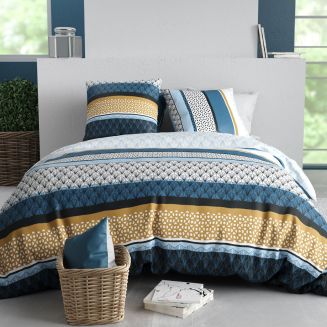 Parure housse de couette 260x240cm + 2 taies motif rétro bleu et jaune 100% coton - OSYRIS