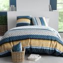 Parure housse de couette 240x220cm + 2 taies motif rétro bleu et jaune 100% coton - OSYRIS