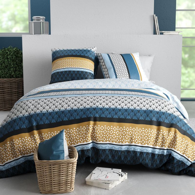 Parure housse de couette 240x220cm + 2 taies motif rétro bleu et jaune 100% coton - OSYRIS