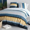 Parure housse de couette 240x220cm + 2 taies motif rétro bleu et jaune 100% coton - OSYRIS