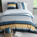Parure housse de couette 240x220cm + 2 taies motif rétro bleu et jaune 100% coton - OSYRIS