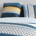 Parure housse de couette 240x220cm + 2 taies motif rétro bleu et jaune 100% coton - OSYRIS