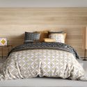 Parure housse de couette 260x240cm + 2 taies motif graphique taupe et jaune 100% coton - ORLADO