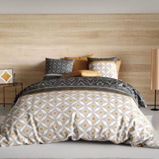 Parure housse de couette 260x240cm + 2 taies motif graphique taupe et jaune 100% coton - ORLADO