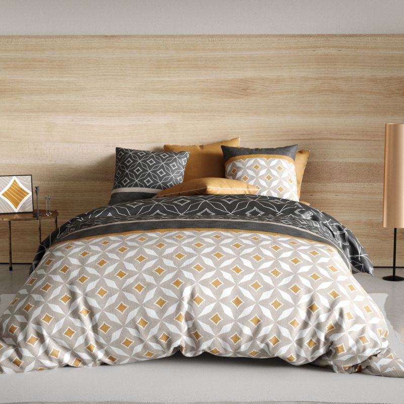 Parure housse de couette 260x240cm + 2 taies motif graphique taupe et jaune 100% coton - ORLADO