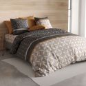 Parure housse de couette 260x240cm + 2 taies motif graphique taupe et jaune 100% coton - ORLADO
