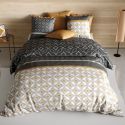 Parure housse de couette 260x240cm + 2 taies motif graphique taupe et jaune 100% coton - ORLADO