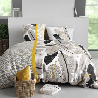 Parure housse de couette 260x240cm + 2 taies motif palmiers noir et jaune 100% coton - AMARANTE