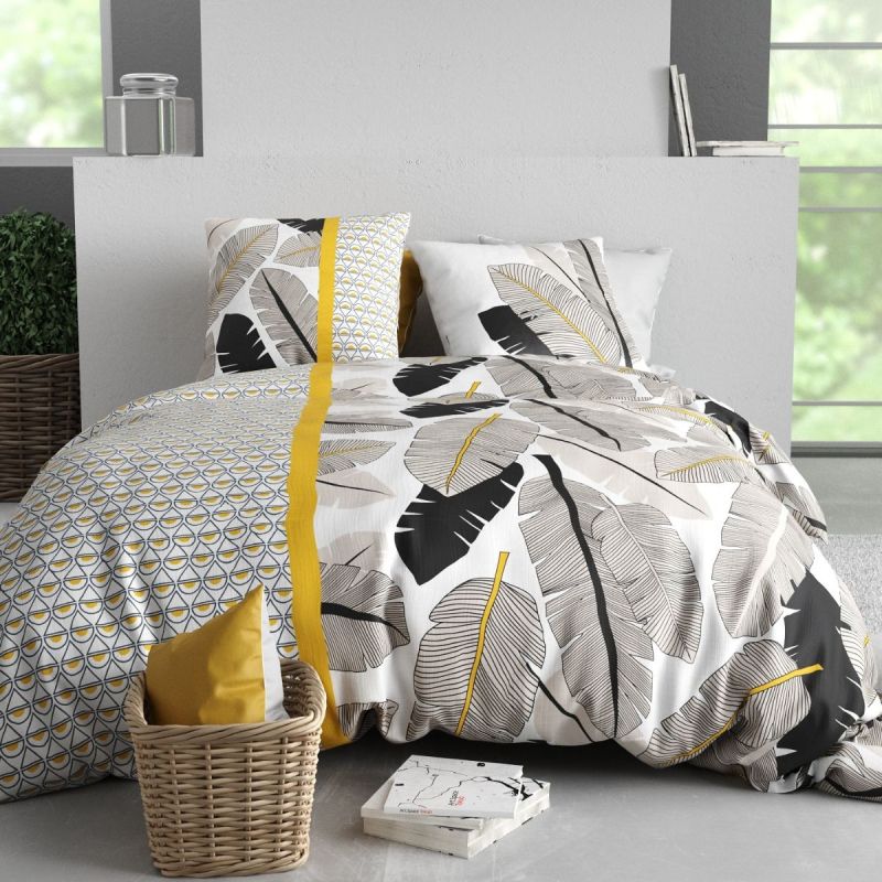 Parure housse de couette 260x240cm + 2 taies motif palmiers noir et jaune 100% coton - AMARANTE