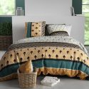 Parure housse de couette 260x240cm + 2 taies motif art-déco noir vert et jaune 100% coton - PEIO