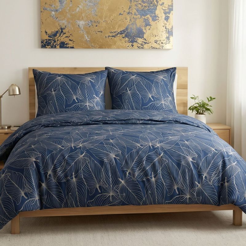 Parure housse de couette 240x220cm + 2 taies motif feuilles bleu et beige 100% coton - MELDA