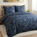 Parure housse de couette 240x220cm + 2 taies motif feuilles bleu et beige 100% coton - MELDA