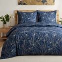 Parure housse de couette 240x220cm + 2 taies motif feuilles bleu et beige 100% coton - MELDA