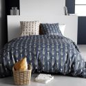 Parure housse de couette 260x240cm + 2 taies motif art-déco bleu et beige 100% coton - RAYEN
