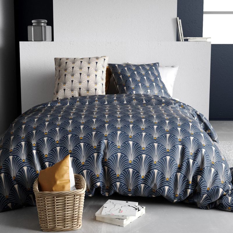 Parure housse de couette 260x240cm + 2 taies motif art-déco bleu et beige 100% coton - RAYEN