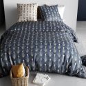 Parure housse de couette 260x240cm + 2 taies motif art-déco bleu et beige 100% coton - RAYEN