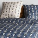 Parure housse de couette 260x240cm + 2 taies motif art-déco bleu et beige 100% coton - RAYEN