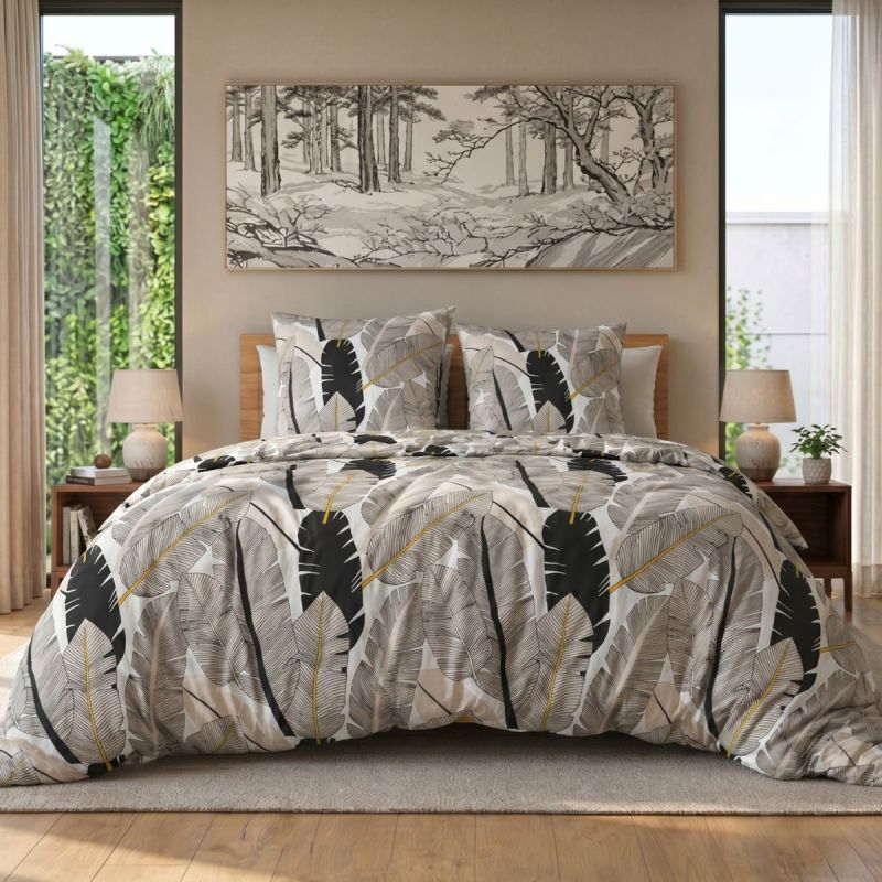 Parure housse de couette 240x220cm + 2 taies motif plumes noir et blanc 100% microfibre - PIUMA