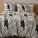 Parure housse de couette 240x220cm + 2 taies motif plumes noir et blanc 100% microfibre - PIUMA