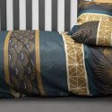 Parure housse de couette 260x240cm + 2 taies motif art-déco bleu et ocre 100% coton - LORIK