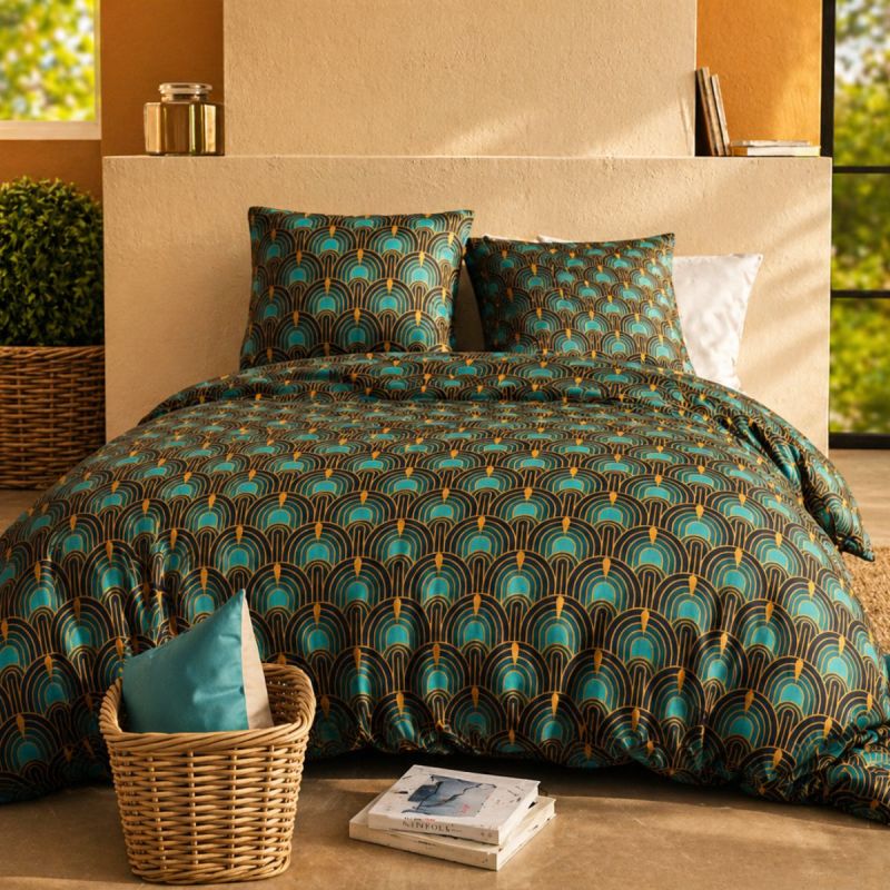 Parure housse de couette 260x240cm + 2 taies motif art-déco bleu pétrole 100% coton - ROMAIN
