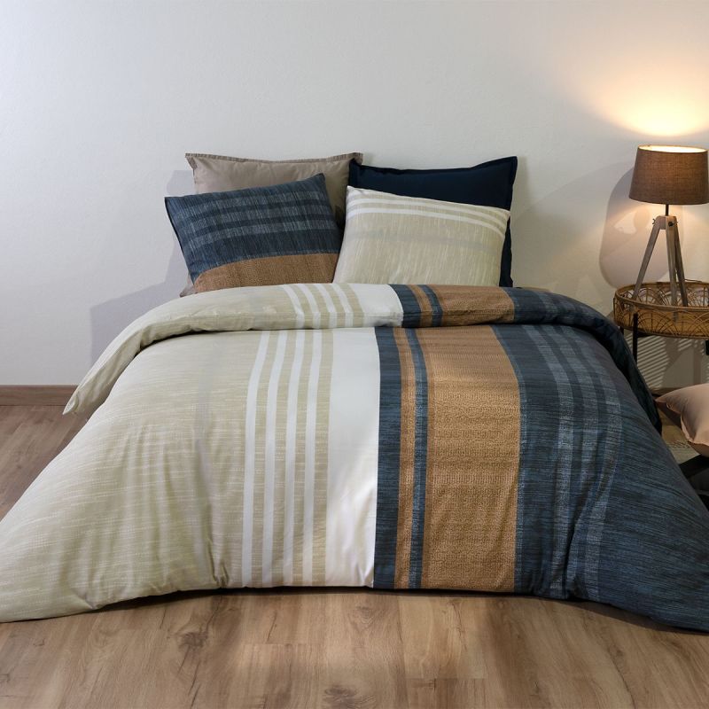 Parure housse de couette 260x240cm + 2 taies motif rayé bleu et beige 100% coton - ORMAN