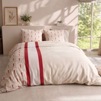 Parure housse de couette 240x220cm + 2 taies motif art-déco rouge et beige 100% coton - LINOA