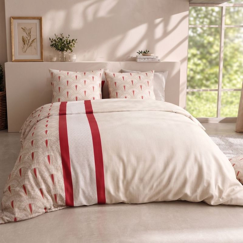 Parure housse de couette 260x240cm + 2 taies motif art-déco rouge et beige 100% coton - LINOA