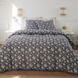 Parure housse de couette 240x220cm + 2 taies motif motif fleuri bleu marine 100% gaze de coton - KUSIA