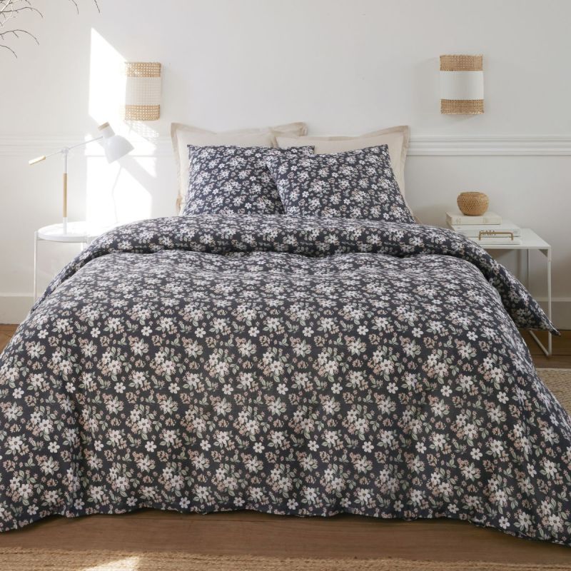 Parure housse de couette 240x220cm + 2 taies motif motif fleuri bleu marine 100% gaze de coton - KUSIA