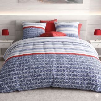 Parure housse de couette 240x220cm + 2 taies motif bleu blanc et rouge 100% coton - TAORINI