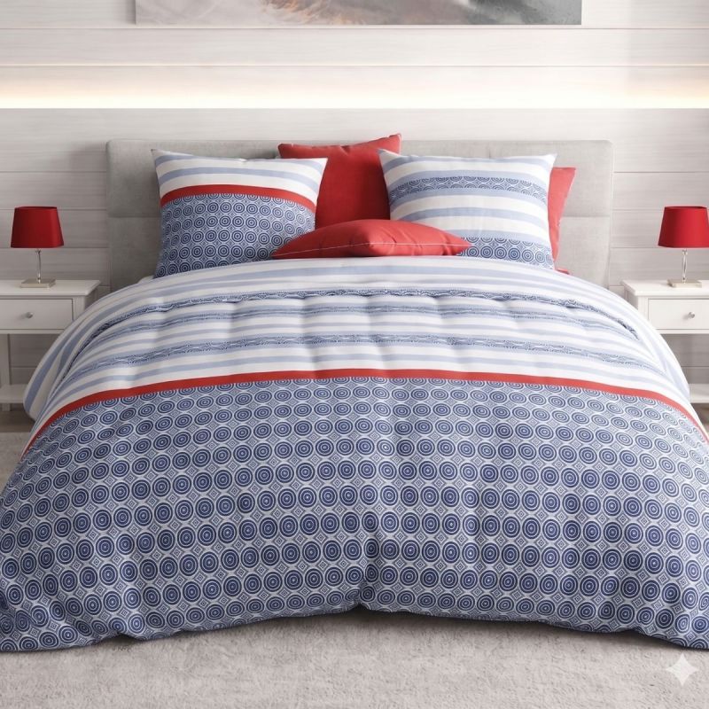 Parure housse de couette 260x240cm + 2 taies motif bleu blanc et rouge 100% coton - TAORINI