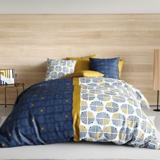 Parure housse de couette 240x220cm + 2 taies motif graphique bleu et ocre 100% coton - RUFUS
